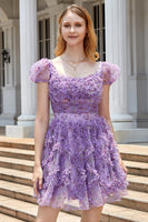 Load image into Gallery viewer, A Line Purple Printed Short Prom Dress with Ruffles