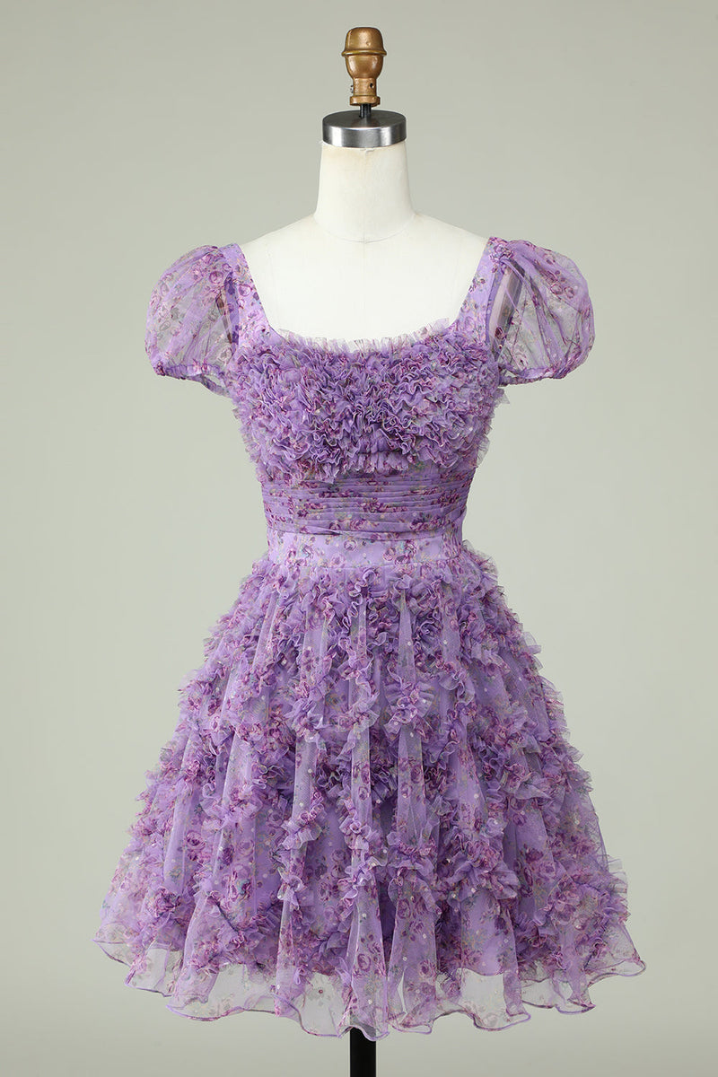 Load image into Gallery viewer, Floral A Line Dusty Rose Short Prom Dress with Ruffles