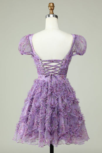 Floral A Line Dusty Rose Short Prom Dress with Ruffles