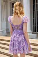 Load image into Gallery viewer, A Line Purple Printed Short Prom Dress with Ruffles