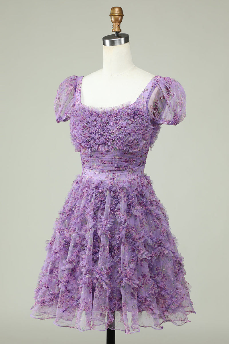 Load image into Gallery viewer, Floral A Line Dusty Rose Short Prom Dress with Ruffles
