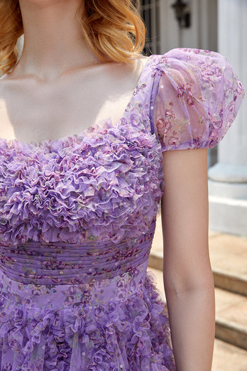 A Line Purple Printed Short Prom Dress with Ruffles