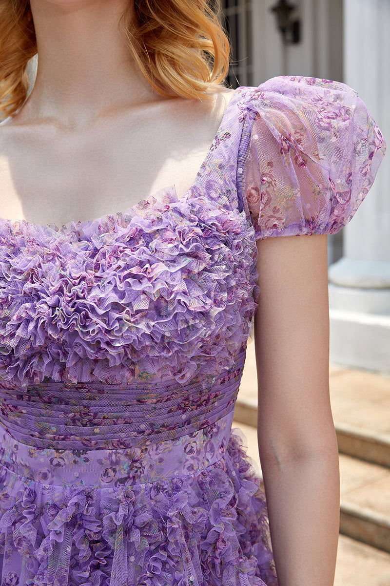Load image into Gallery viewer, A Line Purple Printed Short Prom Dress with Ruffles