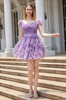 Load image into Gallery viewer, A Line Purple Printed Short Prom Dress with Ruffles