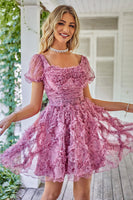 Load image into Gallery viewer, A Line Purple Printed Short Prom Dress with Ruffles