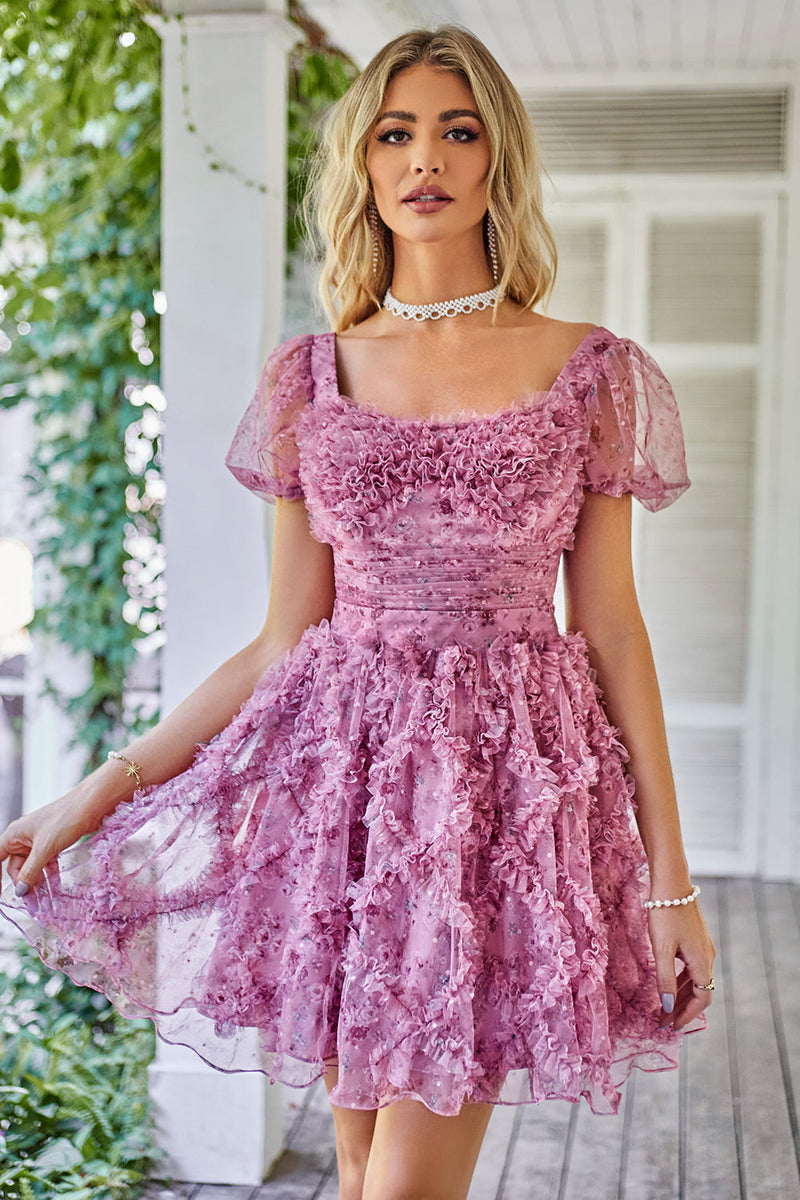 Load image into Gallery viewer, Floral A Line Dusty Rose Short Prom Dress with Ruffles
