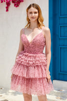 Load image into Gallery viewer, Blush A Line Spaghetti Straps Short Prom Dress with Ruffles