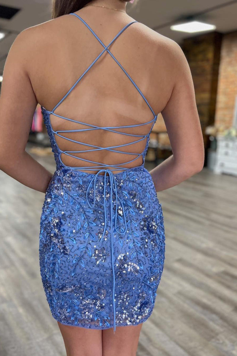 Load image into Gallery viewer, Sparkly Blue Beaded Sequins Backless Tight Party Dress