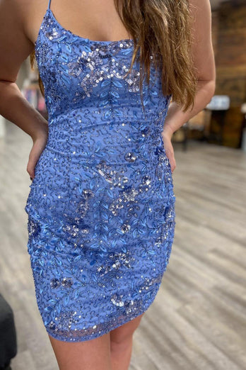 Sparkly Blue Beaded Sequins Backless Tight Party Dress