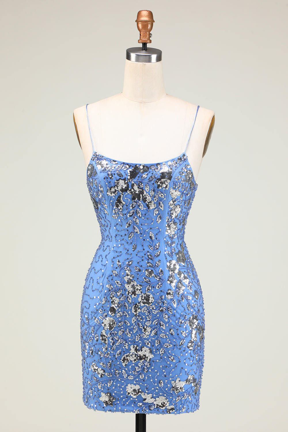 Sparkly Blue Beaded Sequins Backless Tight Party Dress