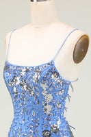 Load image into Gallery viewer, Sparkly Blue Beaded Sequins Backless Tight Party Dress