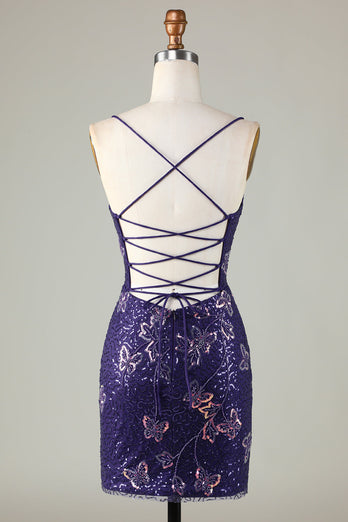 Sparkly Purple Butterflies Beaded Sequins Tight Short Party Dress