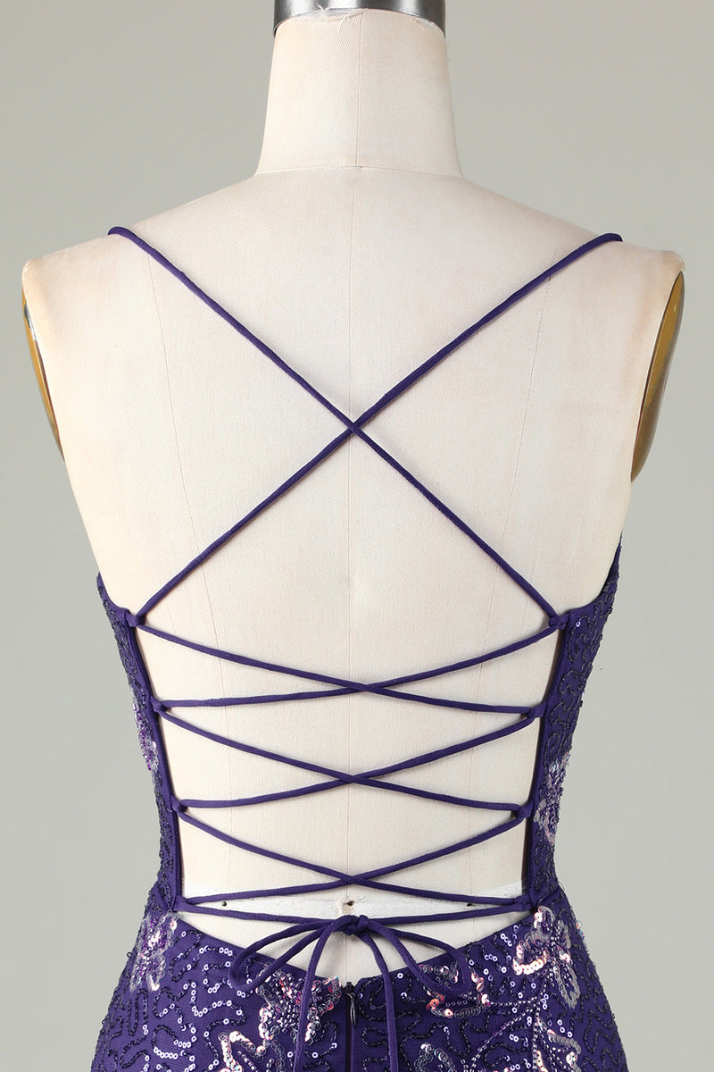 Load image into Gallery viewer, Sparkly Purple Butterflies Beaded Sequins Tight Short Party Dress