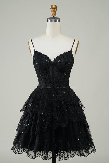 Sparkly Dark Blue Corset Top Spaghetti Straps A-Line Lace Short Party Dress