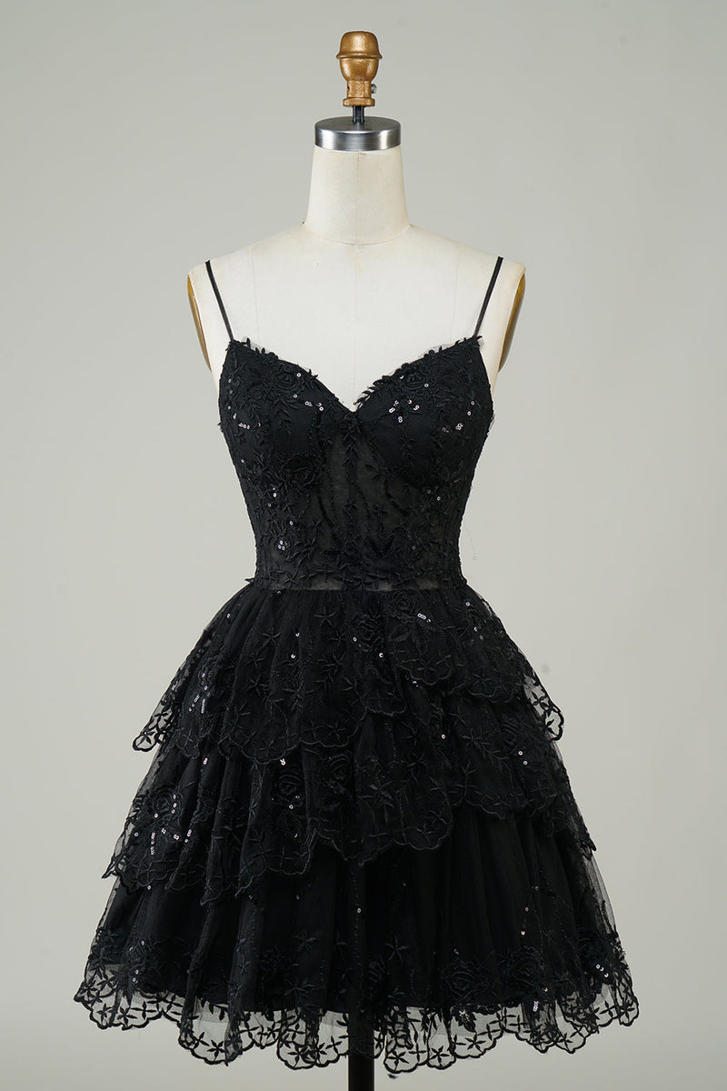 Load image into Gallery viewer, Sparkly Dark Blue Corset Top Spaghetti Straps A-Line Lace Short Party Dress