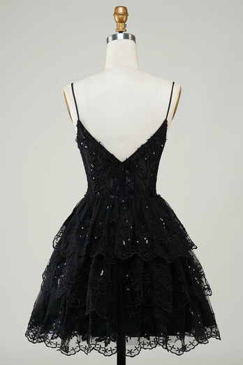 Sparkly Dark Blue Corset Top Spaghetti Straps A-Line Lace Short Party Dress