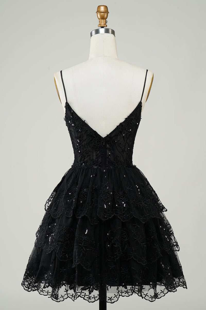 Load image into Gallery viewer, Sparkly Dark Blue Corset Top Spaghetti Straps A-Line Lace Short Party Dress