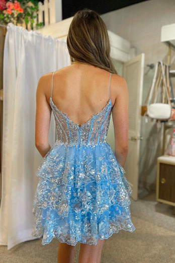 Sparkly Dark Blue Corset Top Spaghetti Straps A-Line Lace Short Party Dress