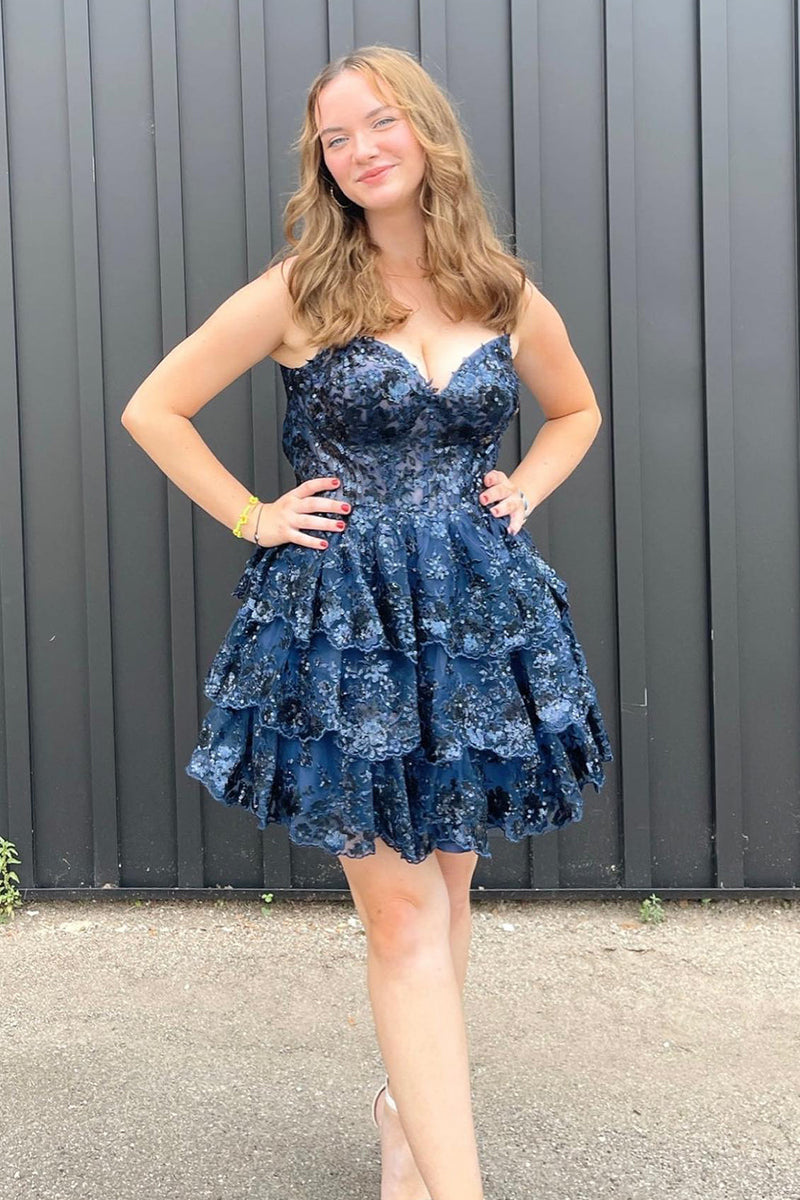 Load image into Gallery viewer, Sparkly Dark Blue Corset Top Spaghetti Straps A-Line Lace Short Party Dress