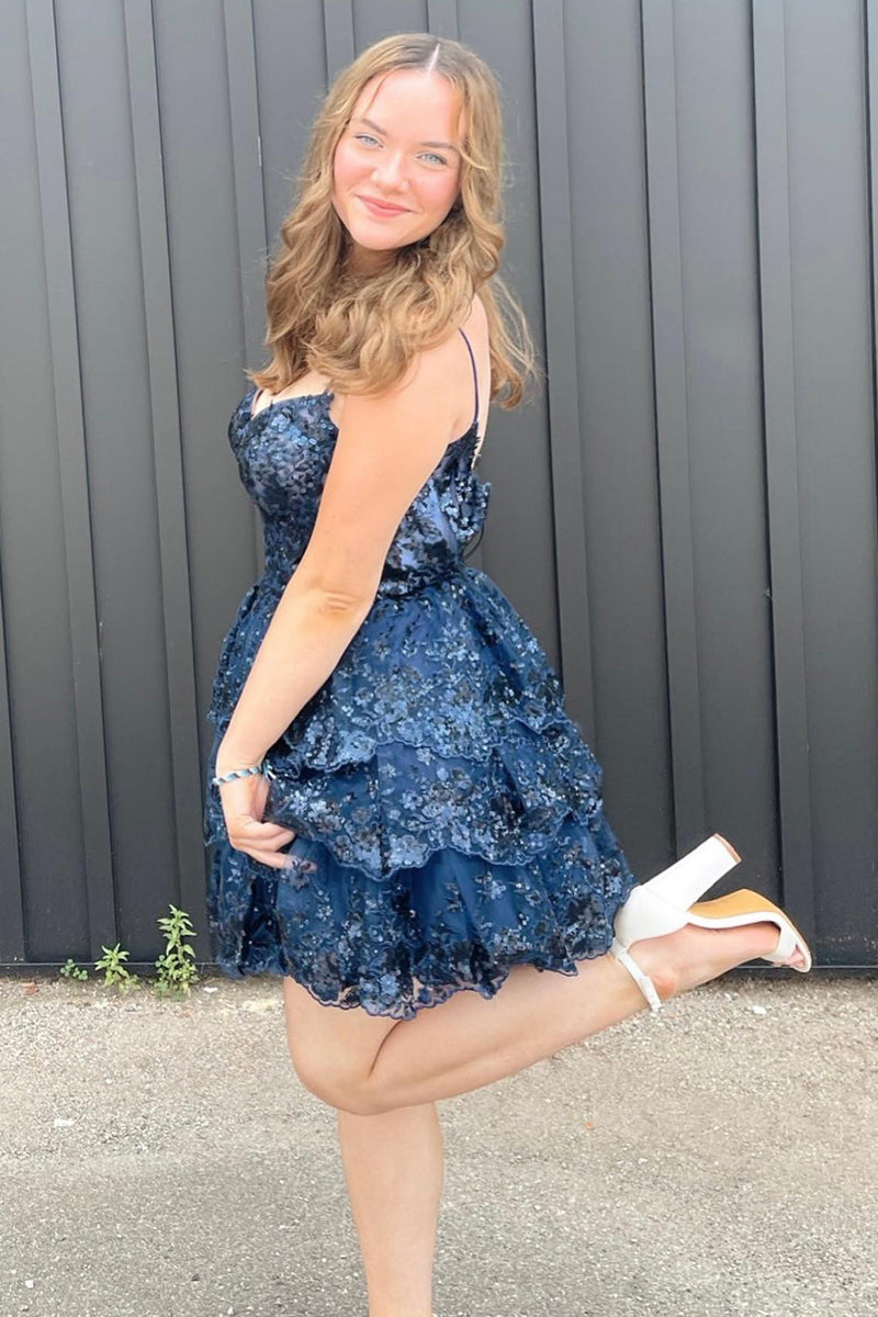 Load image into Gallery viewer, Sparkly Dark Blue Corset Top Spaghetti Straps A-Line Lace Short Party Dress