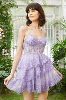 Load image into Gallery viewer, Sparkly Spaghetti Straps Sequins Purple Short Prom Dress