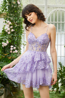 Load image into Gallery viewer, Sparkly Spaghetti Straps Sequins Purple Short Prom Dress
