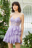 Load image into Gallery viewer, Sparkly Spaghetti Straps Sequins Purple Short Prom Dress