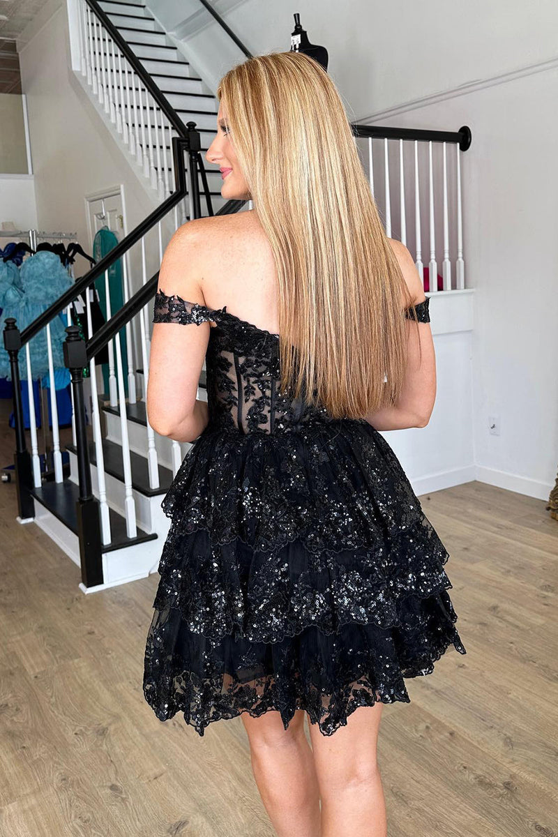 Load image into Gallery viewer, Sparkly Navy Corset Tiered Lace A-Line Short Prom Dress