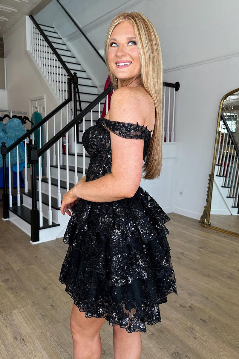 Load image into Gallery viewer, Sparkly Navy Corset Tiered Lace A-Line Short Prom Dress