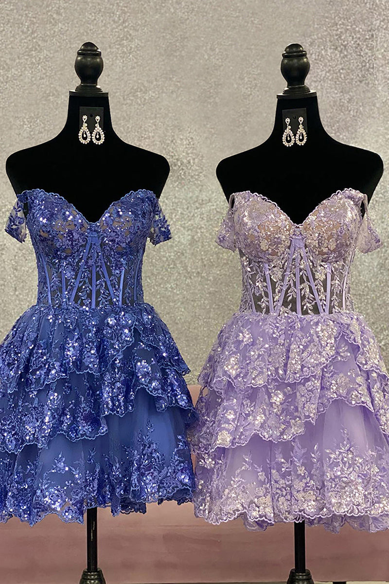 Load image into Gallery viewer, Women Sparkly Lilac A-Line Short Prom Dress Off the Shoulder Corset Lace Party Dress