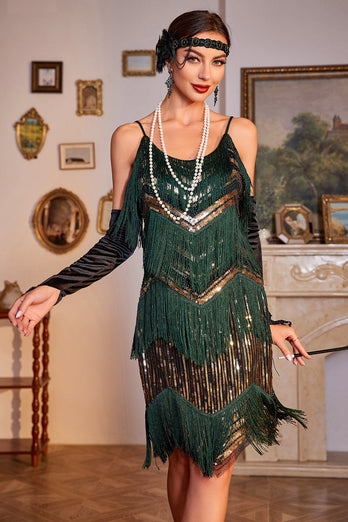 Spaghetti Straps Dark Green Glitter 1920s Flapper Dress with Fringes