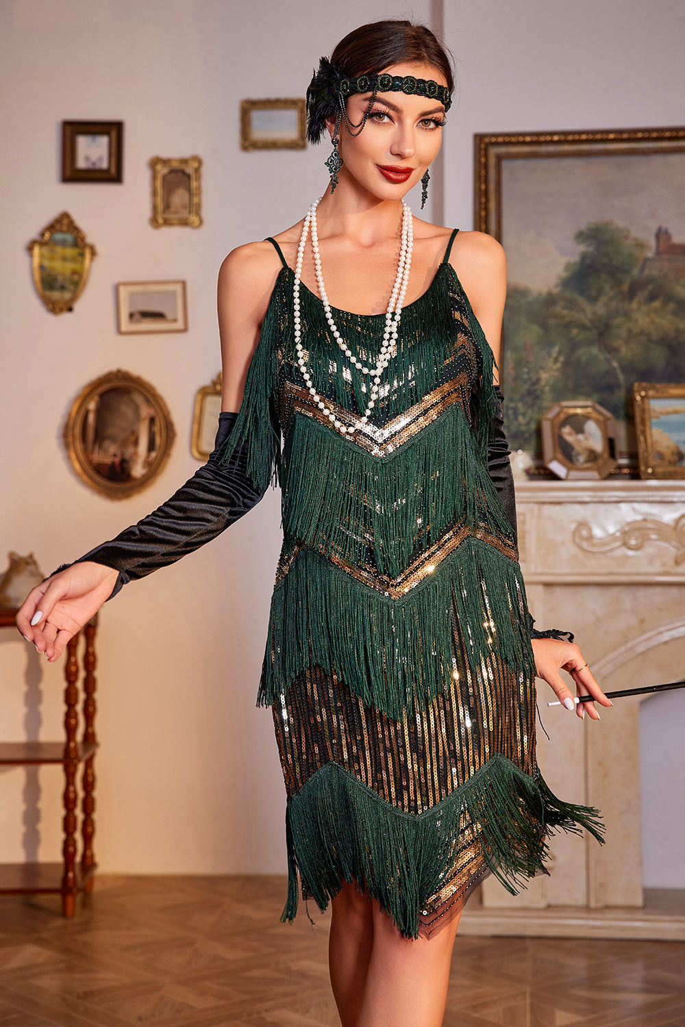Spaghetti Straps Dark Green Glitter 1920s Flapper Dress with Fringes