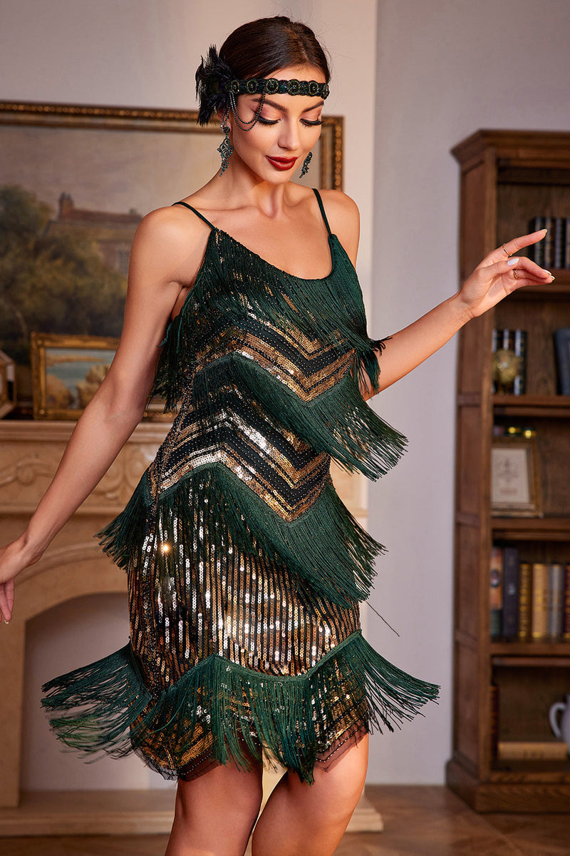 Load image into Gallery viewer, Spaghetti Straps Dark Green Glitter 1920s Flapper Dress with Fringes