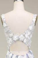 Load image into Gallery viewer, Gorgeous A Line Deep V Neck Grey Pink Long Prom Dress with Appliques