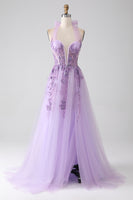Load image into Gallery viewer, Grey Purple A-Line Halter Neck Beaded Long Prom Dress
