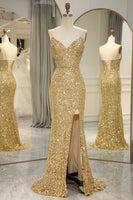 Load image into Gallery viewer, Sparkly Golden Mermaid Backless Long Prom Dress With Slit
