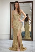 Load image into Gallery viewer, Glitter Golden Mermaid Backless Long Prom Dress With Slit
