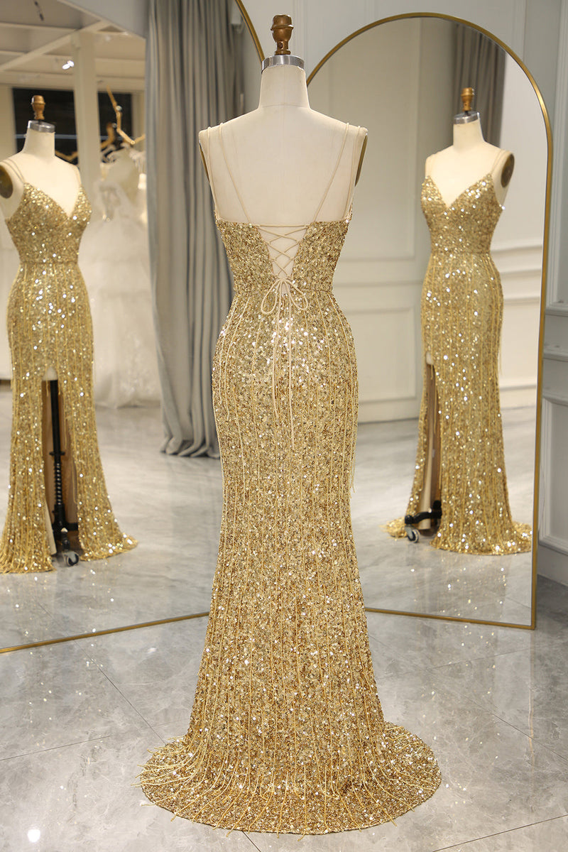 Load image into Gallery viewer, Sparkly Golden Mermaid Backless Long Prom Dress With Slit