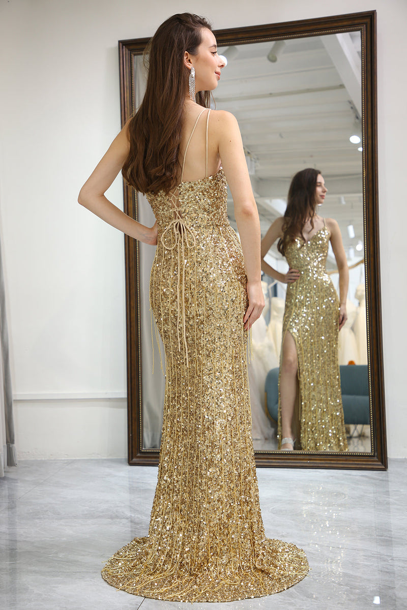 Load image into Gallery viewer, Glitter Golden Mermaid Backless Long Prom Dress With Slit