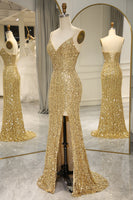 Load image into Gallery viewer, Sparkly Golden Mermaid Backless Long Prom Dress With Slit