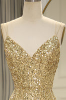 Load image into Gallery viewer, Sparkly Golden Mermaid Backless Long Prom Dress With Slit