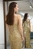 Load image into Gallery viewer, Glitter Golden Mermaid Backless Long Prom Dress With Slit