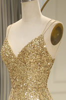 Load image into Gallery viewer, Sparkly Golden Mermaid Backless Long Prom Dress With Slit