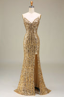 Load image into Gallery viewer, Sparkly Mermaid Golden Long Prom Dress with Slit