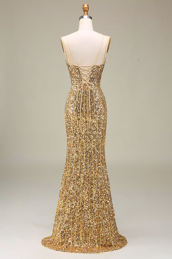 Sparkly Mermaid Golden Long Prom Dress with Slit