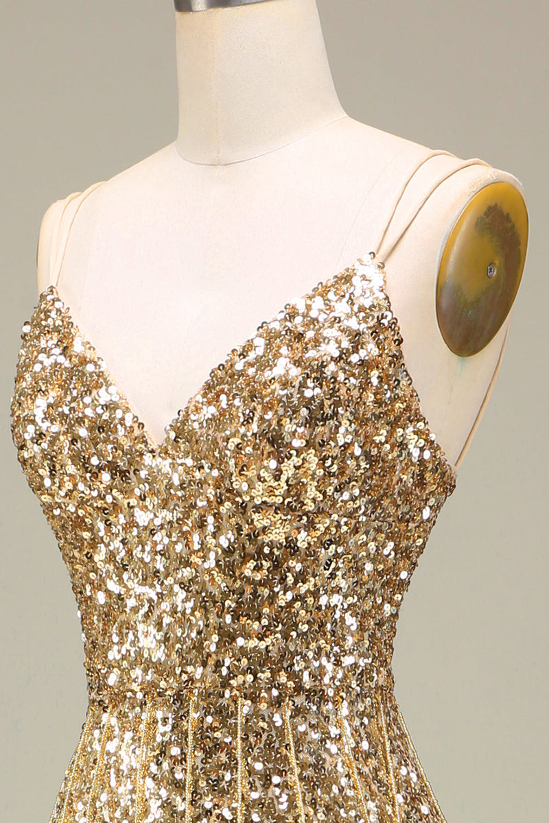 Load image into Gallery viewer, Sparkly Mermaid Golden Long Prom Dress with Slit