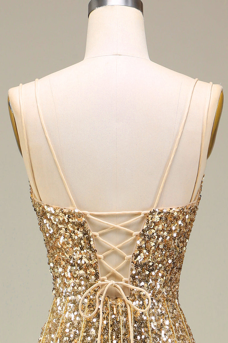 Load image into Gallery viewer, Sparkly Mermaid Golden Long Prom Dress with Slit
