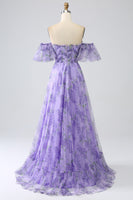 Load image into Gallery viewer, Printed Lavender Off the Shoulder A line Prom Dress with Removable Sleeves