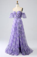 Load image into Gallery viewer, Printed Lavender Off the Shoulder A line Prom Dress with Removable Sleeves