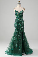 Load image into Gallery viewer, Mermaid Lace-Up Back Dark Green Prom Dress with Appliques